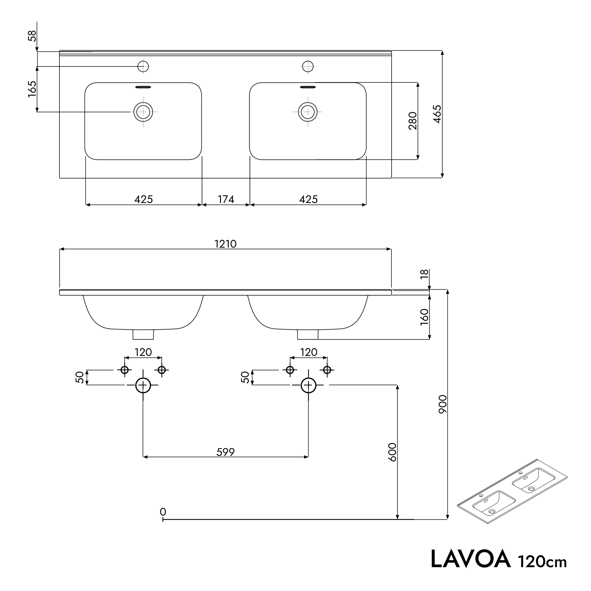 Koupelnová skříňka s dvojumyvadlem LAVOA 120 cm