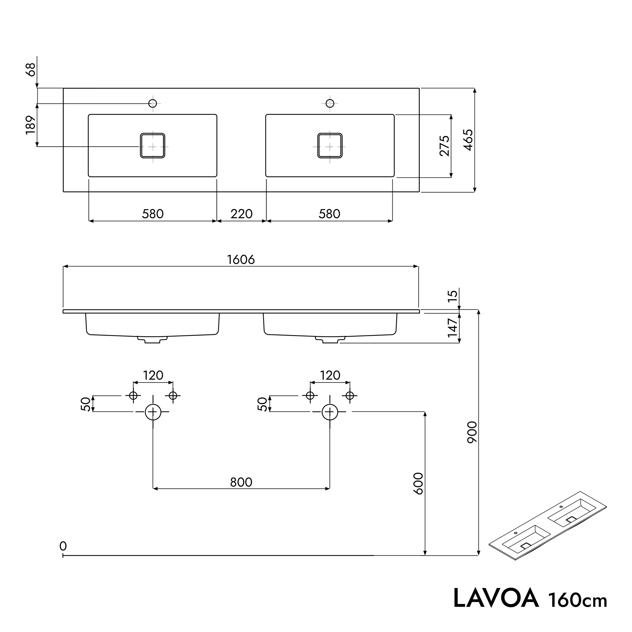 Koupelnová skříňka LAVOA 160 cm s umyvadlem z minerálního odlitku BRUXELLES - možnost volby barvy