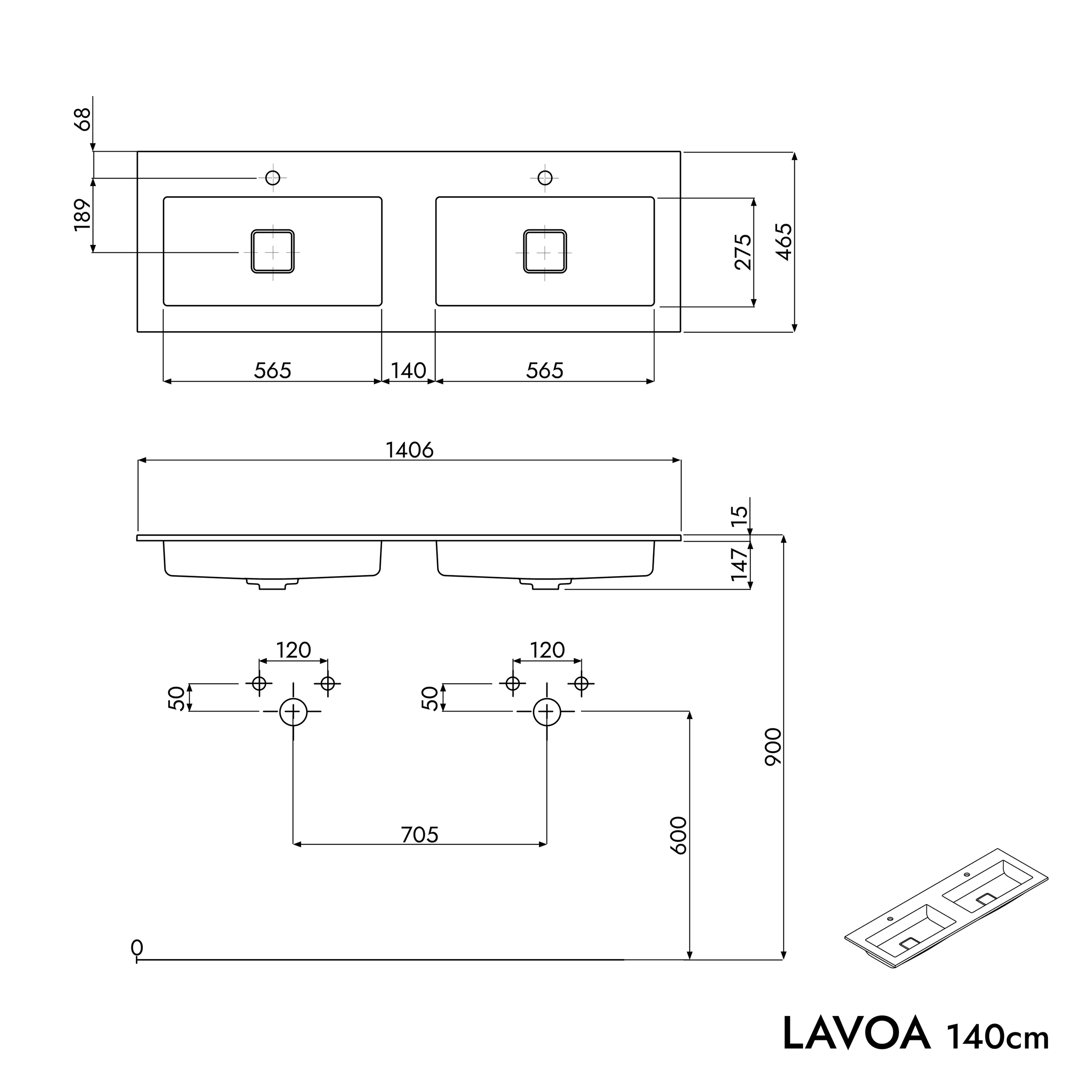 Koupelnová skříňka LAVOA 140 cm s umyvadlem z minerálního odlitku BRUXELLES - možnost volby barvy