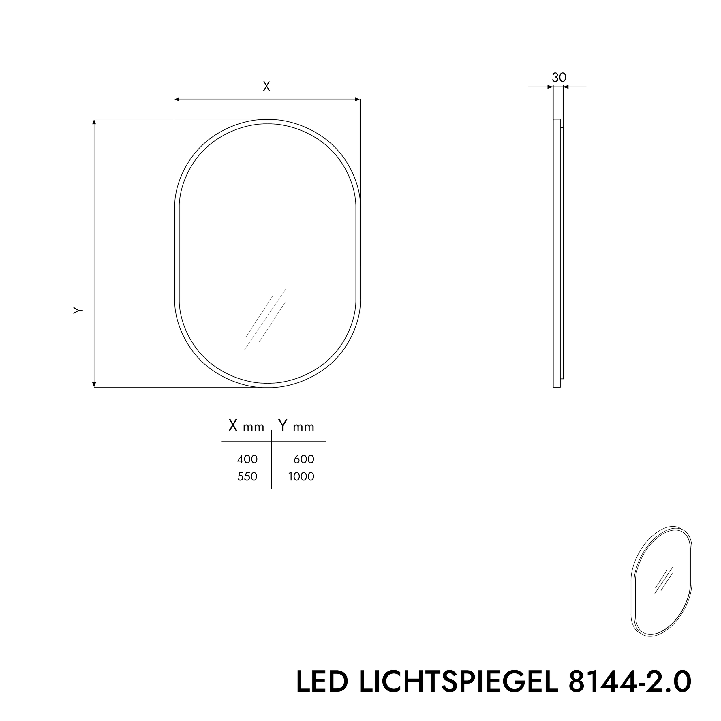 LED osvětlené zrcadlo 8144-2.0 oválné včetně vyhřívání zrcadla a nastavení teplého/studeného světla - černý rám - volitelná velikost 