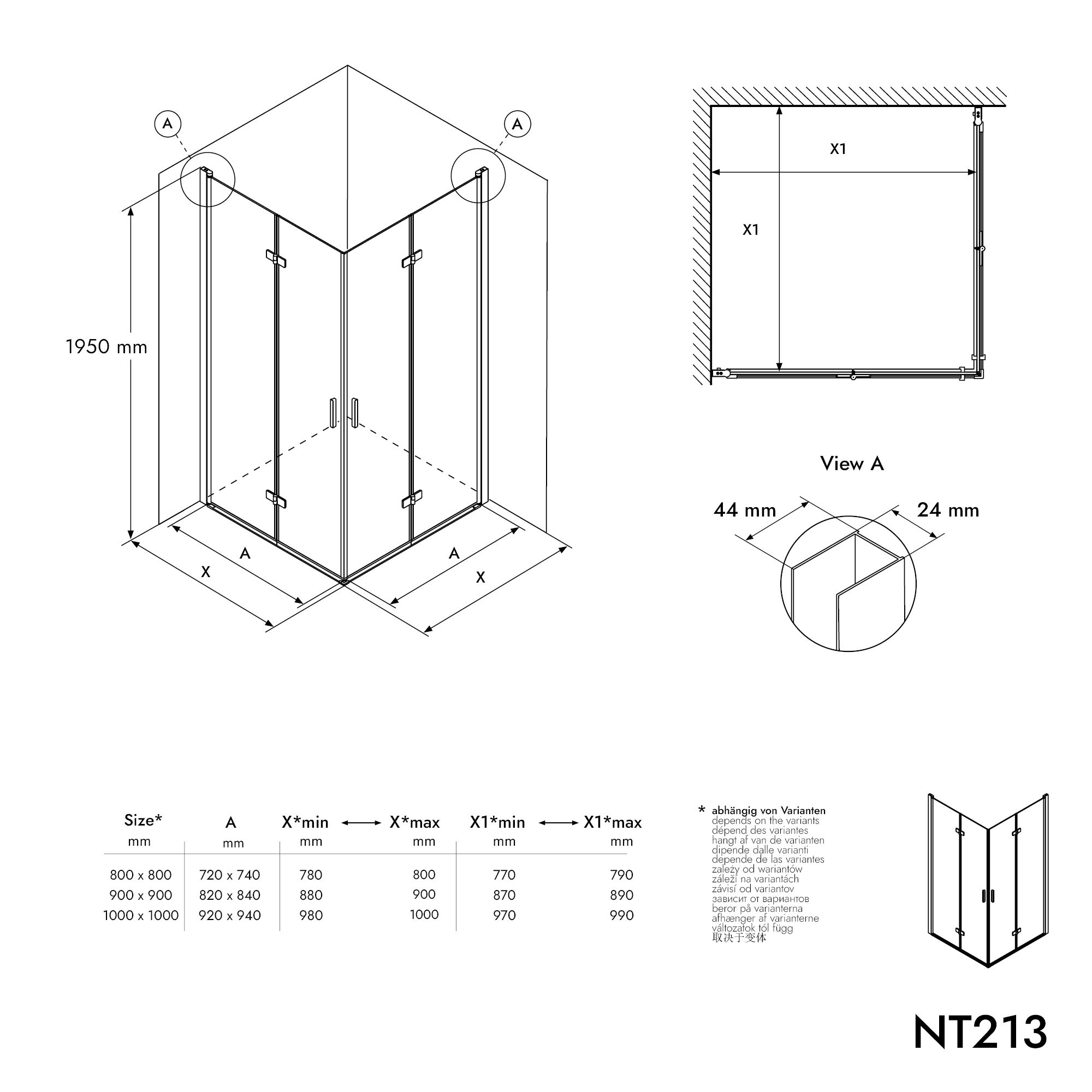 Sprchový kout se skládacími dveřmi NT213 - 8mm nano čiré sklo - různé barvy a šířky
