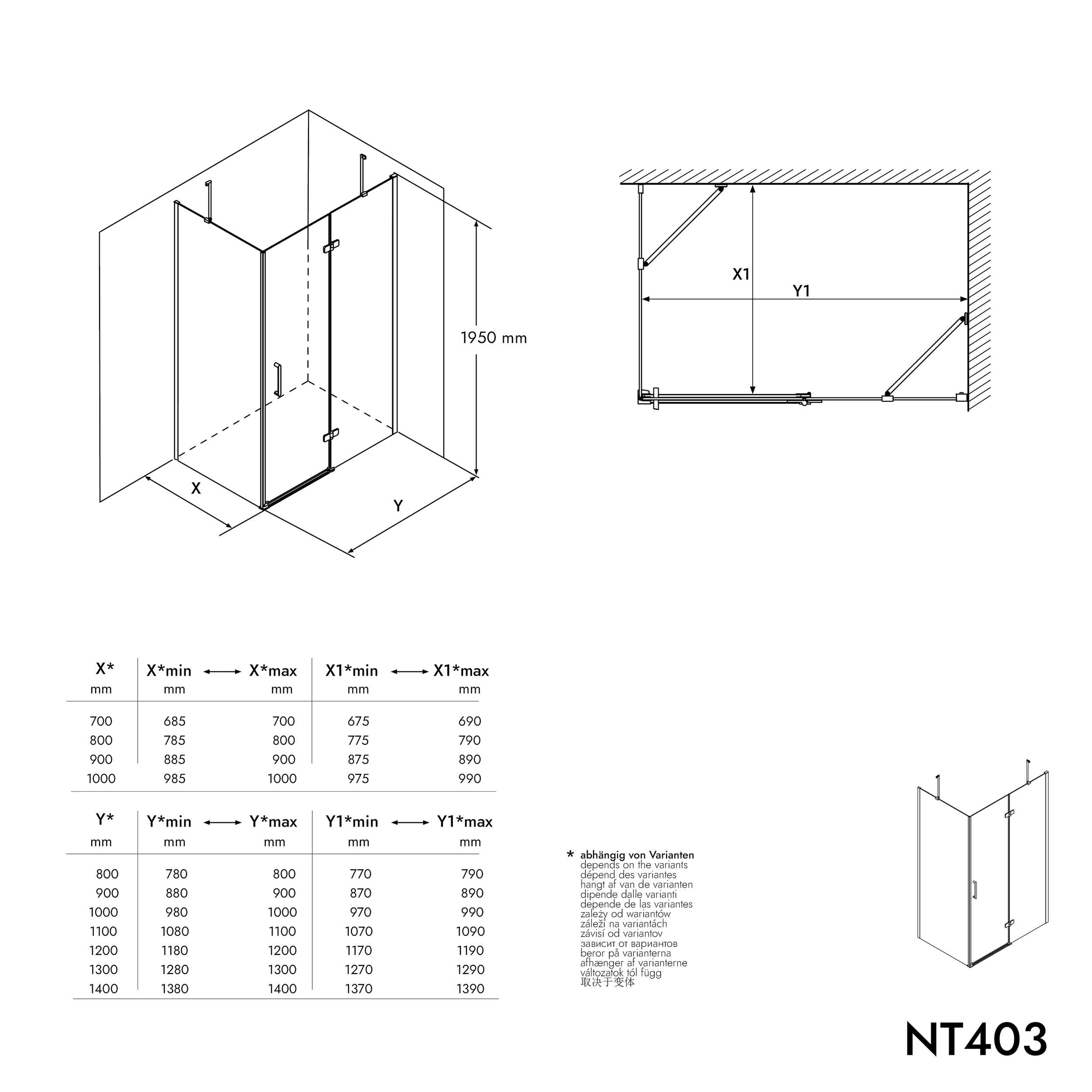 Rohový sprchový kout NT403 - křídlové otevírání - sklo 8 mm nano - závěs dveří pravý - různé šířky