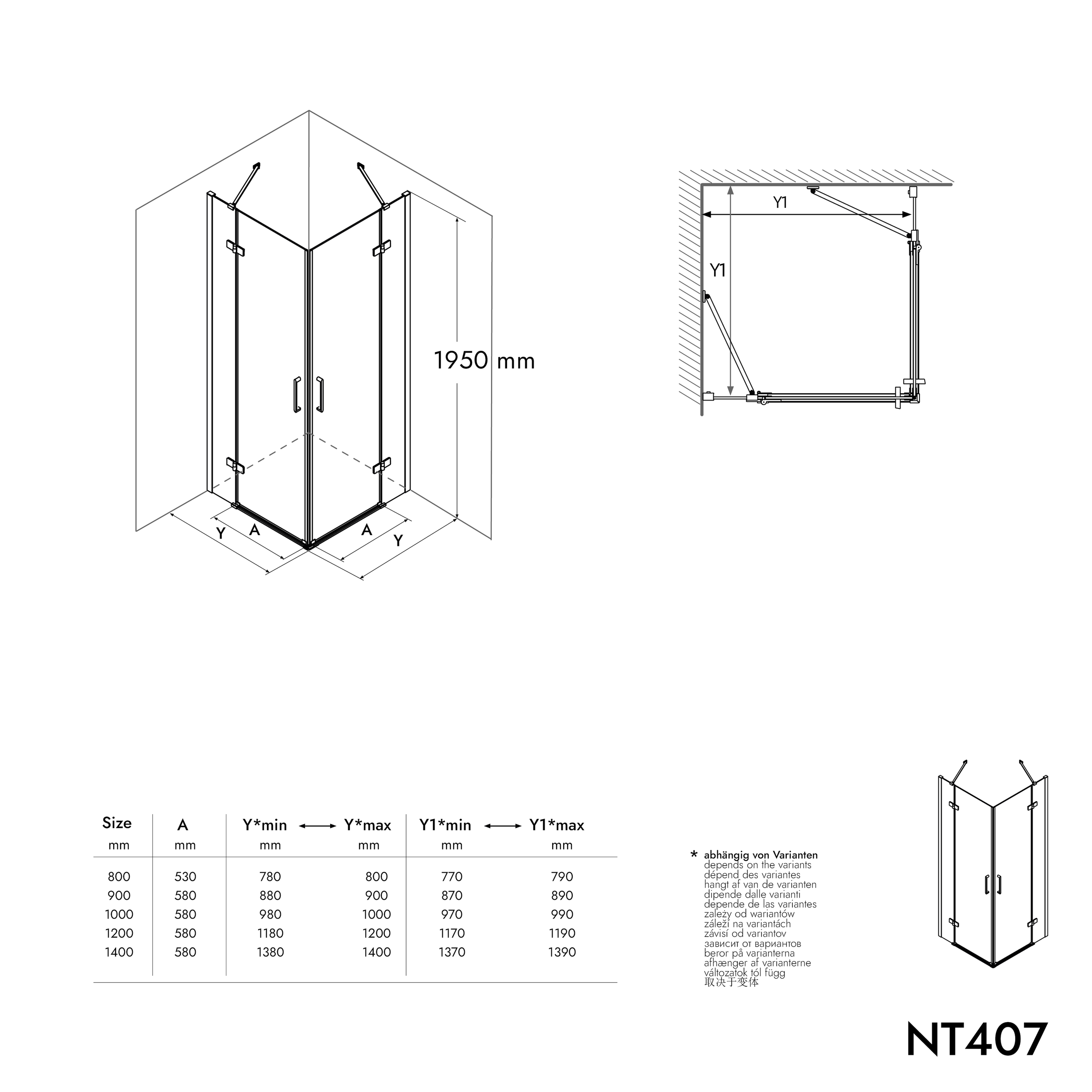 Rohový sprchový kout se dvěma výklopnými dveřmi na pevném panelu NT407 - 8 mm čiré sklo Nano