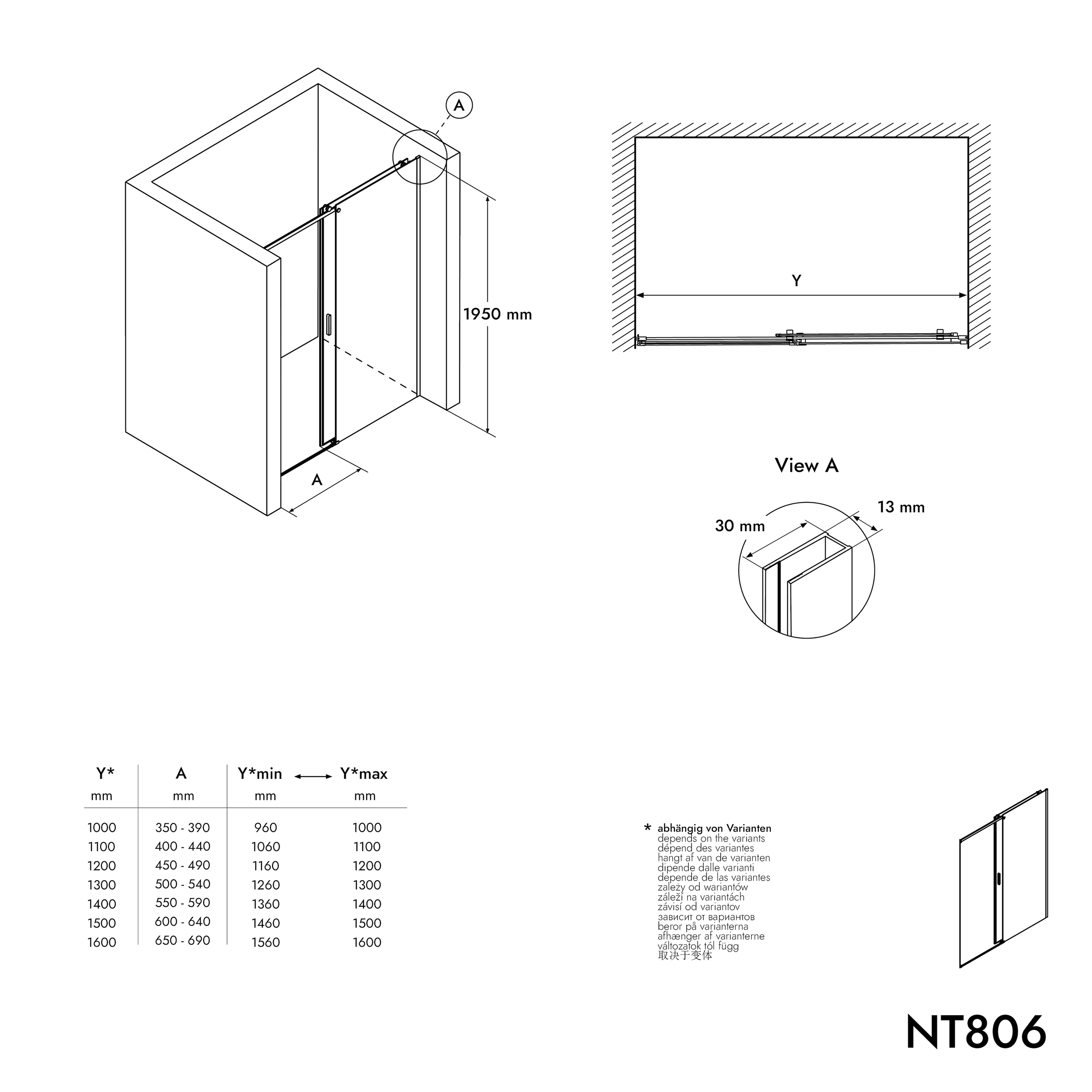  Sprchové dveře NT806 FLEX - posuvné - šedé sklo - Nano ochrana - černý mat - volba tloušťky skla