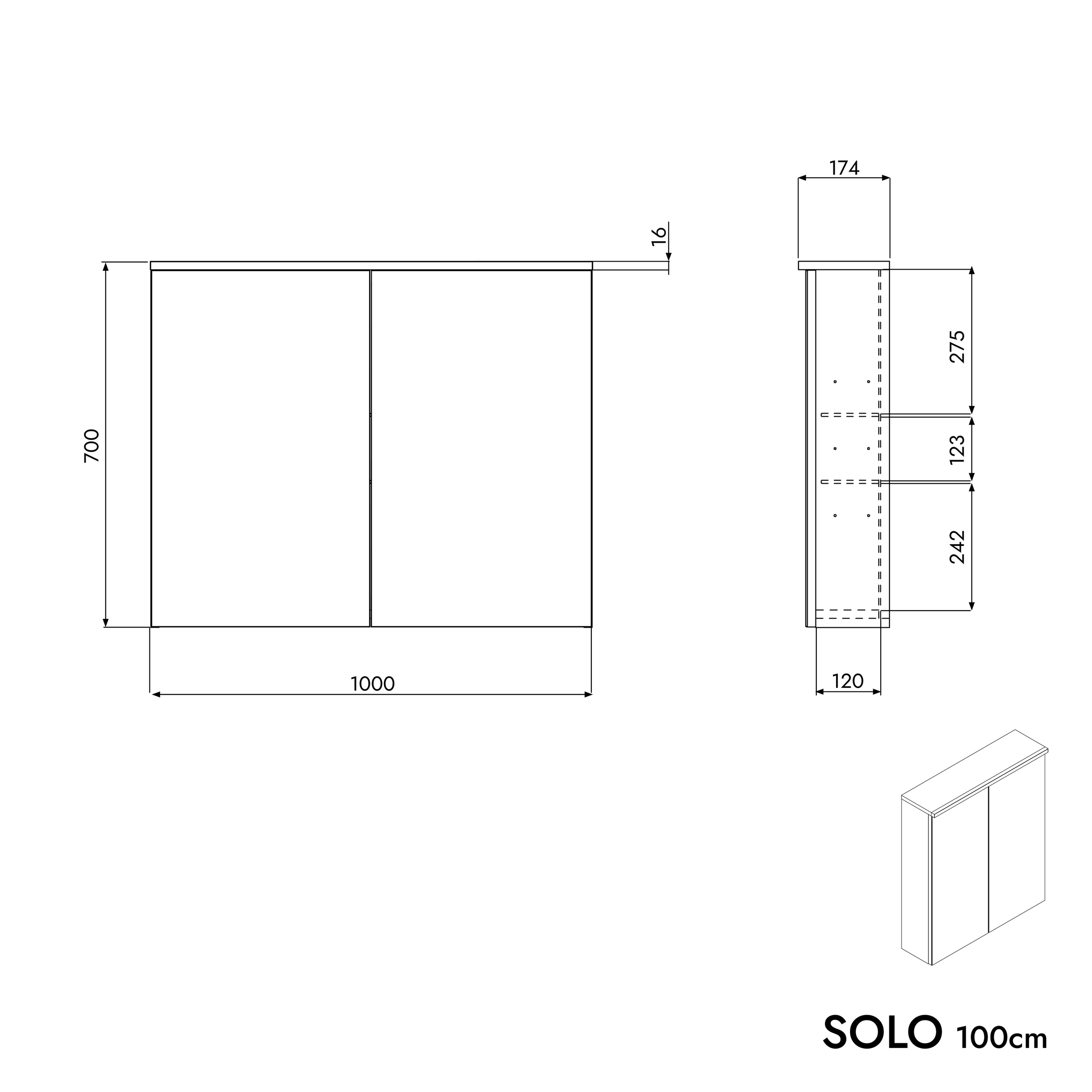 Zrcadlová skříňka SOLO s LED osvětlením - 100 cm - 2 dvířka - možnost volby barvy