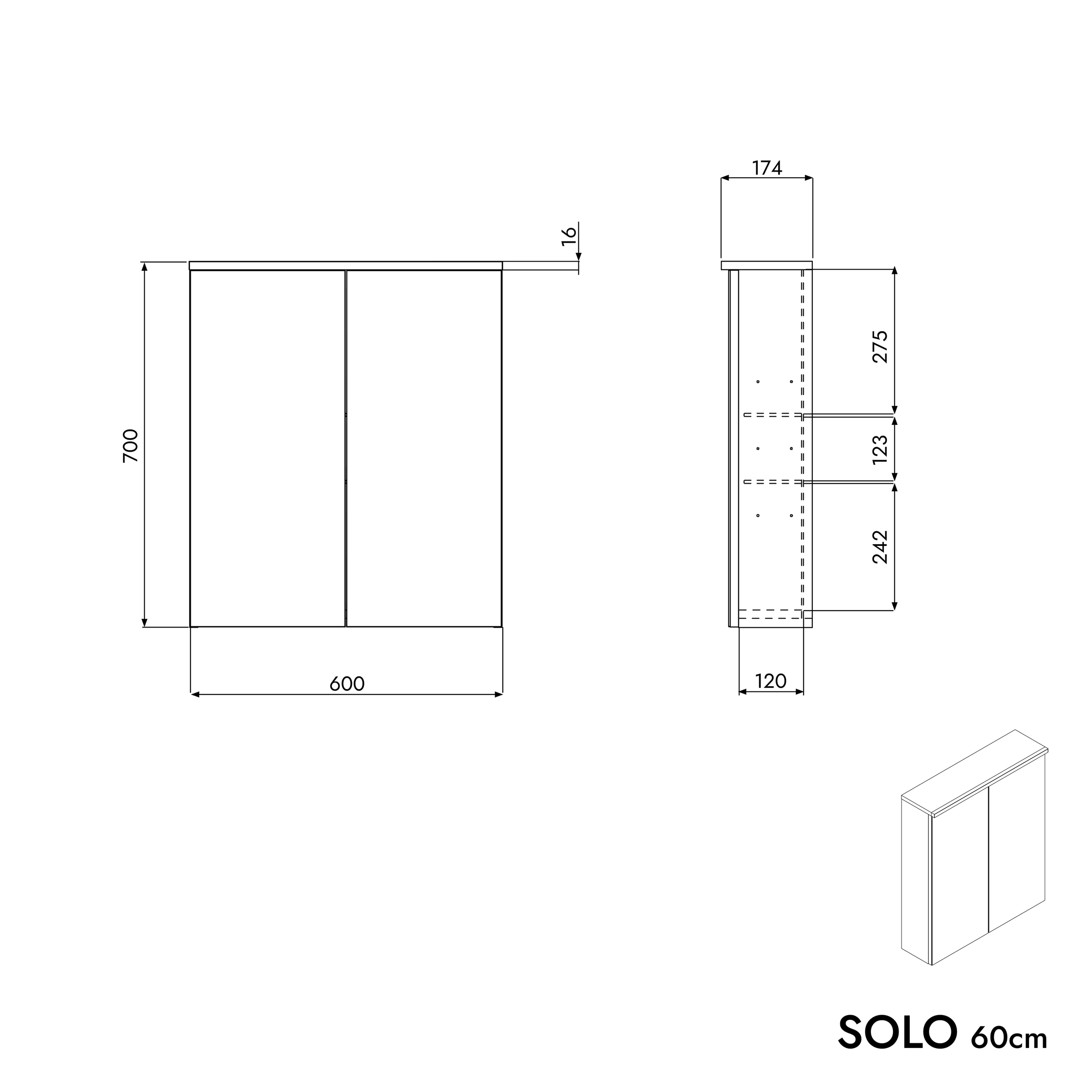 Zrcadlová skříňka SOLO s LED osvětlením - 60 cm - 2 dvířka - možnost volby barvy