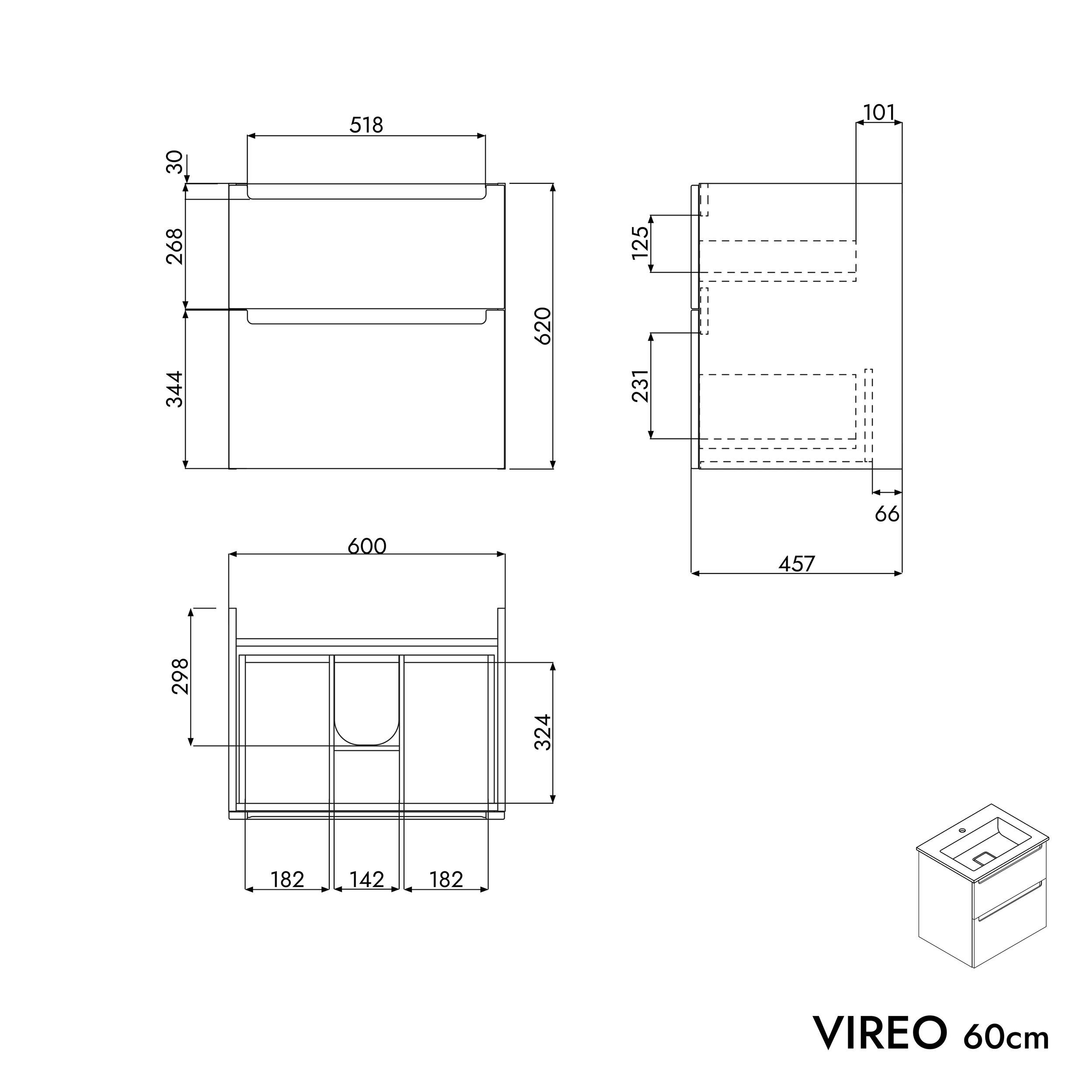 Koupelnová skříňka VIREO 60 cm s umyvadlem z minerálního odlitku BRUXELLES