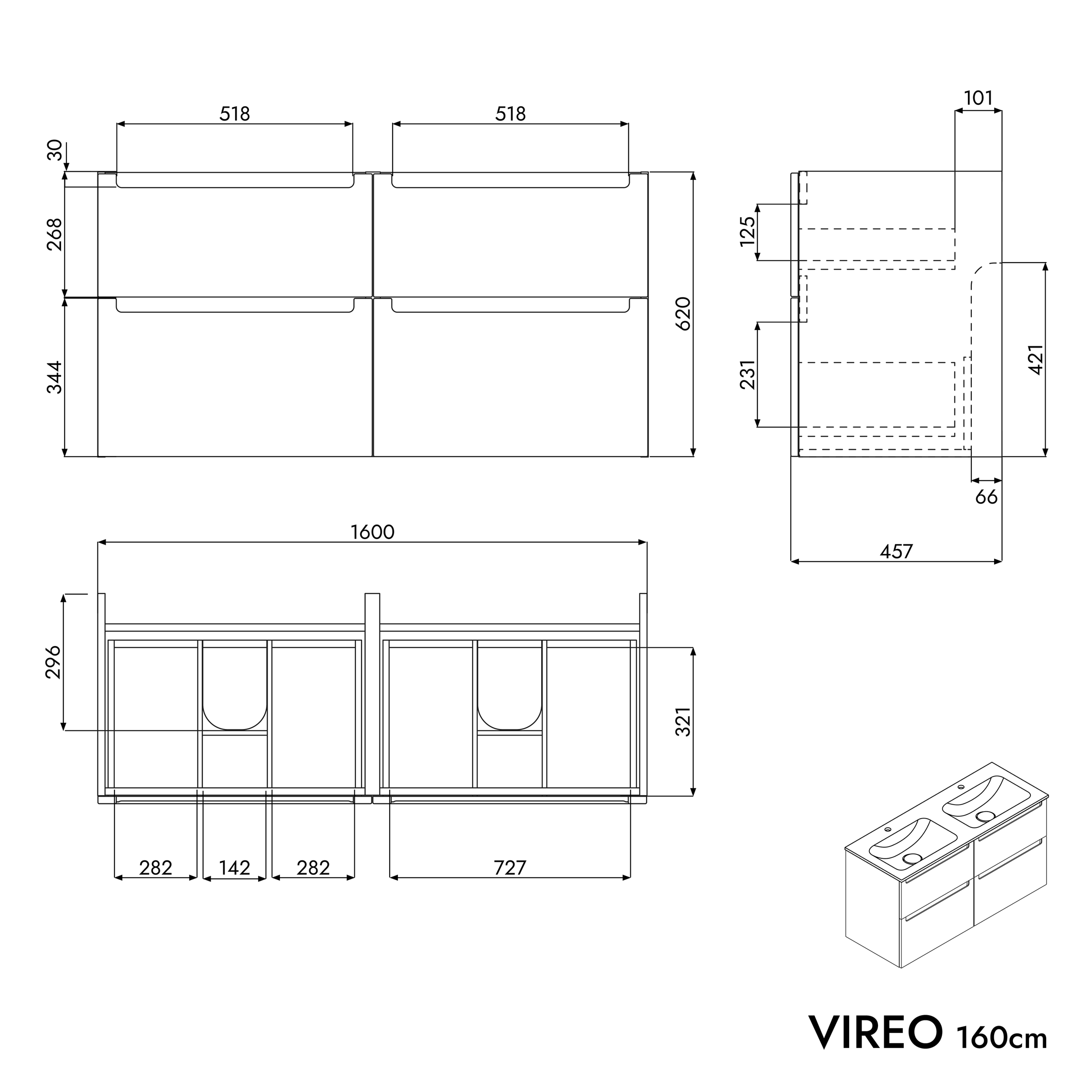 Koupelnová skříňka VIREO 160 cm s umyvadlem z minerálního odlitku CREAM - možnost volby barvy