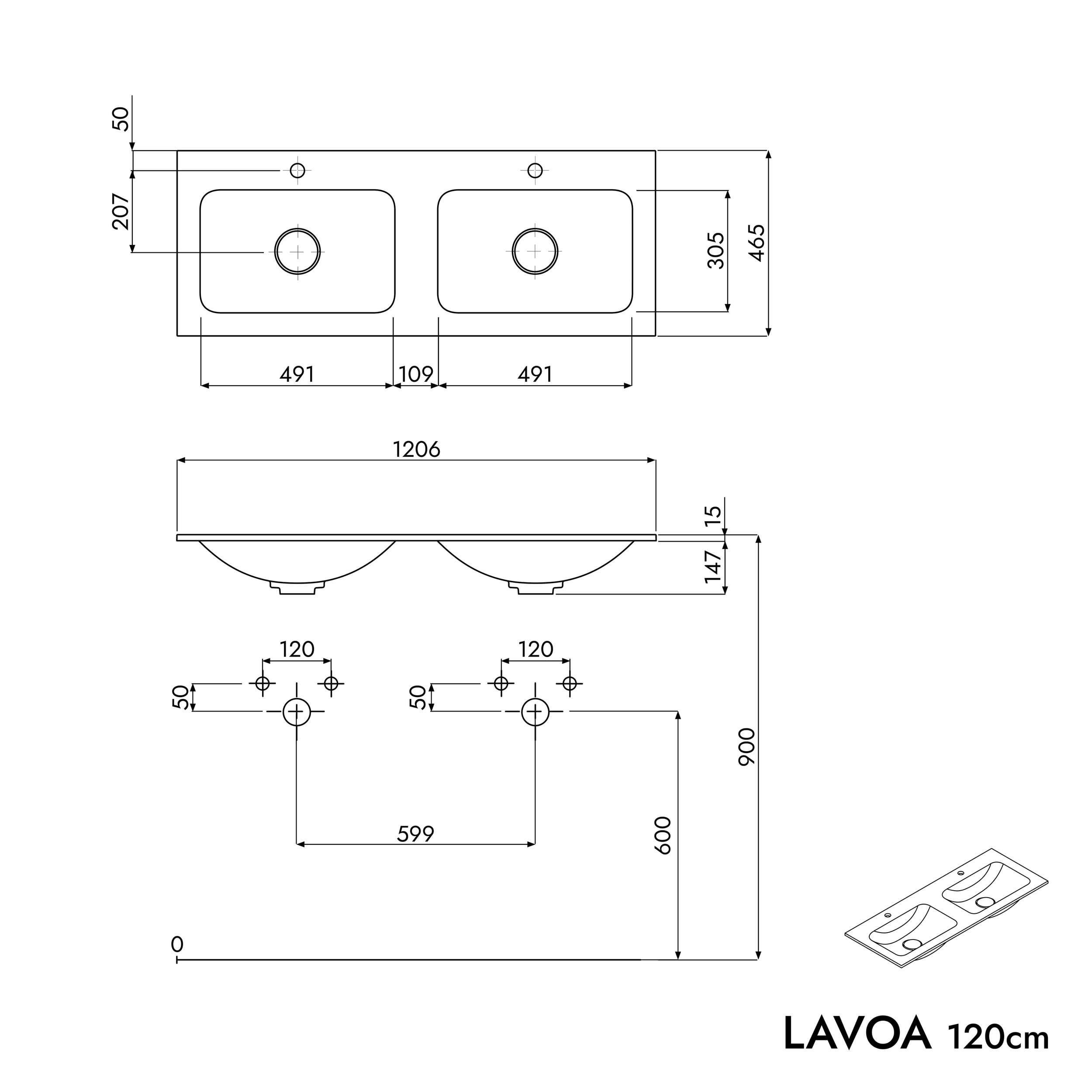 Koupelnová skříňka LAVOA 120 cm s umyvadlem z minerálního odlitku CREAM - možnost volby barvy