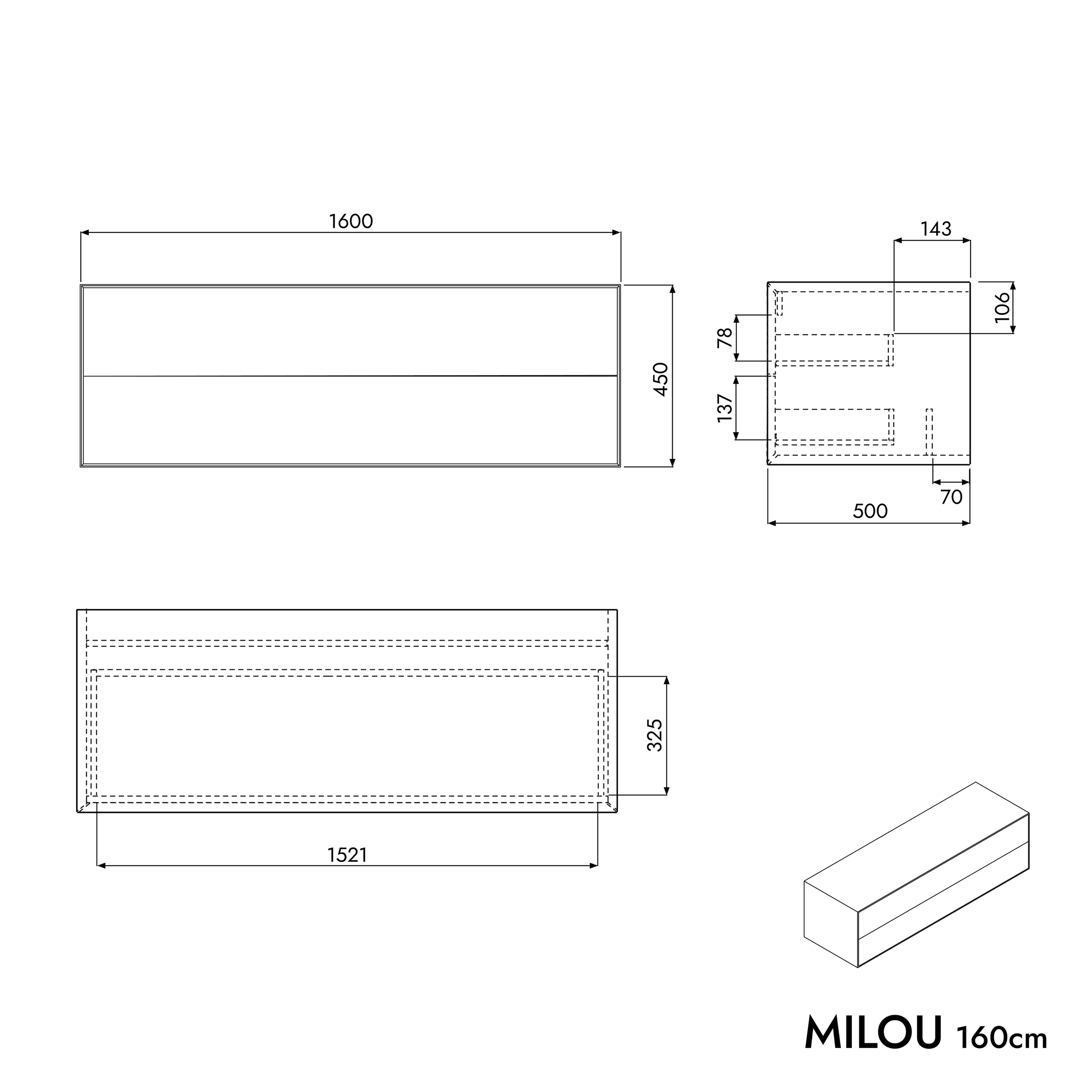 Koupelnová skříňka pod umyvadlo na desku MILOU 160 cm - 2 zásuvky - možnost volby barvy