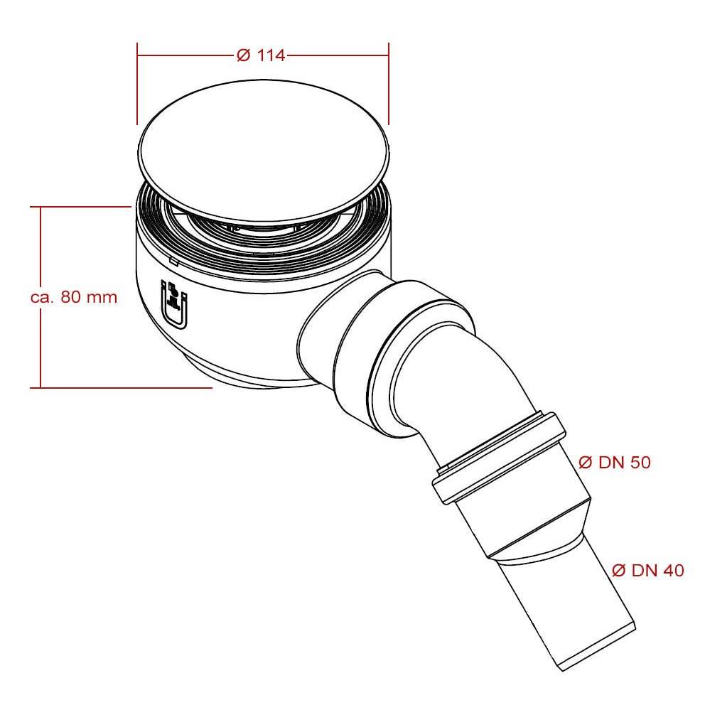 Odtoková sada typu B pro sprchové vaničky s odtokovým otvorem 90 mm - 45° odtokové koleno