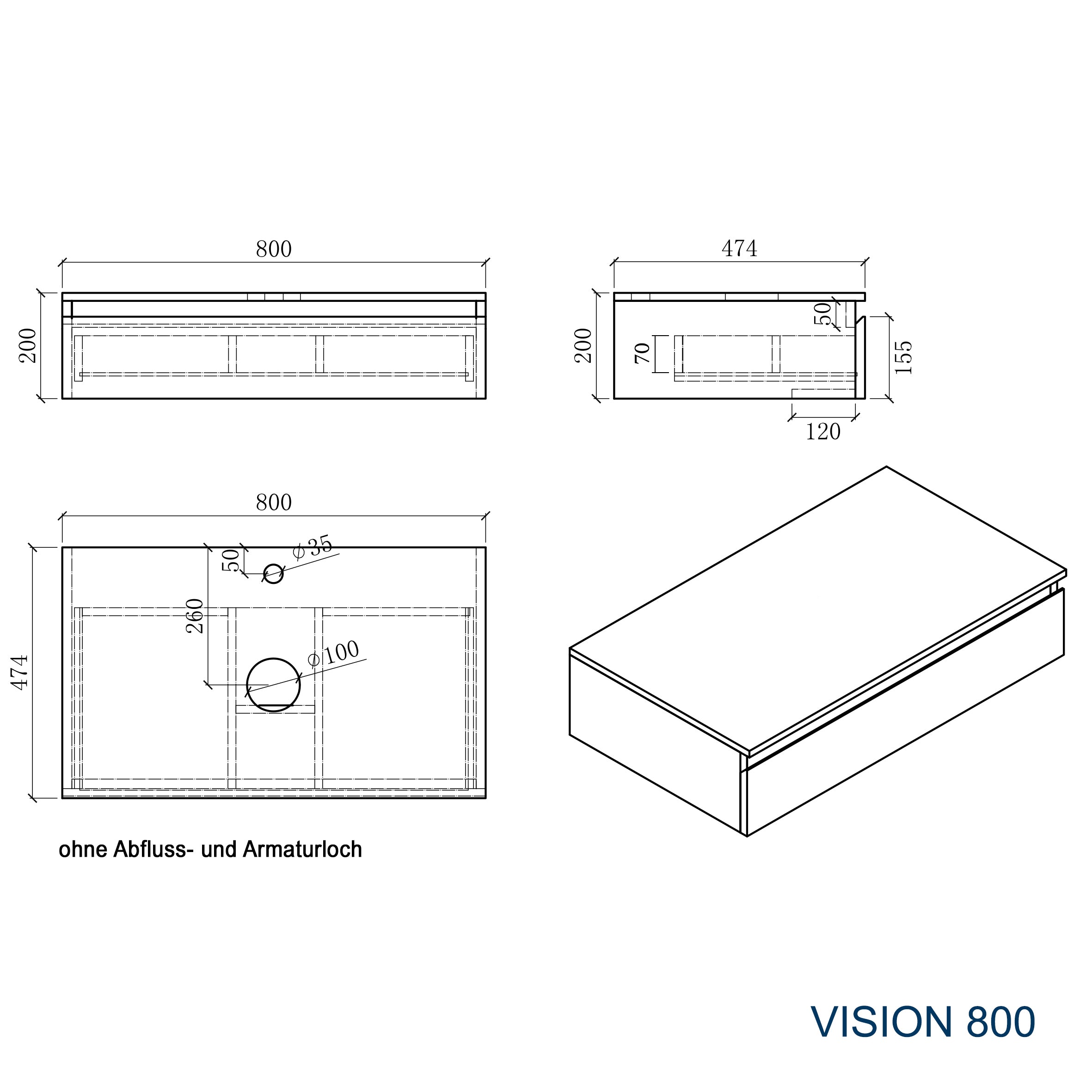 Koupelnová skříňka pod umyvadlo Vision 800 - Bílá matná 